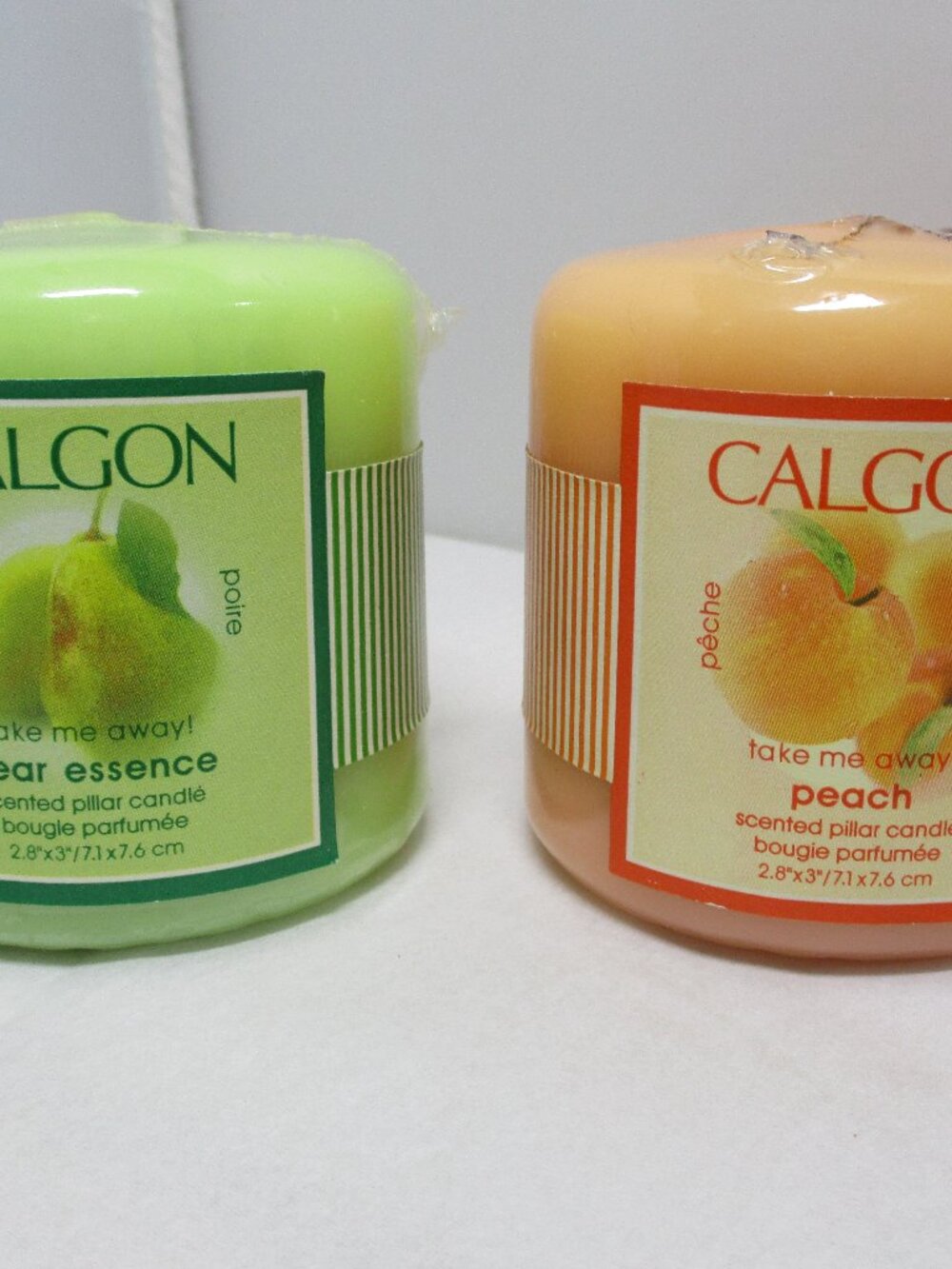 2 NOS New Calgon Scented Pillar Candles Pear and Peach by Coty